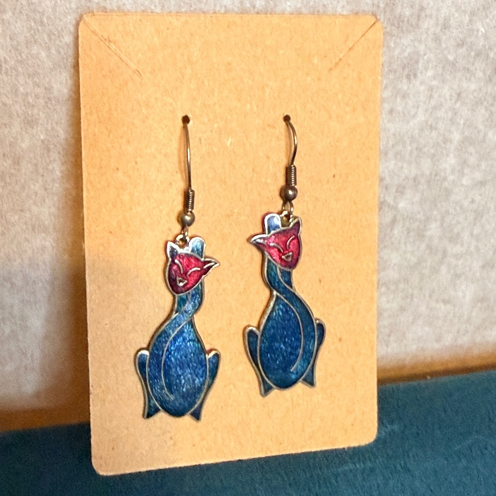 Blue & Red Enamel Cat Earrings – Whimsical Dangle Design